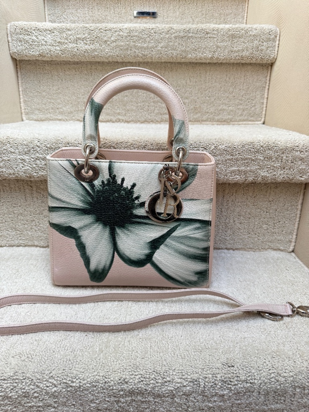 Christian Dior Lady Dior Calfskin Blush with Floral Print Pre-Owned